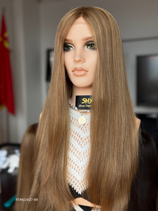 Brunette Full Hand-Tied Human Hair Medical Wig - Style 050 - detail view — alternate view