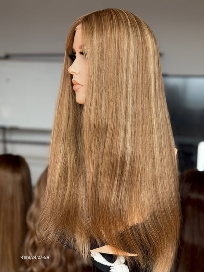 Brunette Full Hand-Tied Human Hair Medical Wig - Style 050 - detail view