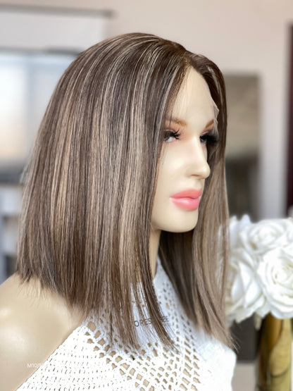 6x3.5 HD Lace Top Mushroom Ash Brown Beige-Blonde Highlighted Middle-Part Straight Human Hair Sheitel Wig — front or three-quarter product view