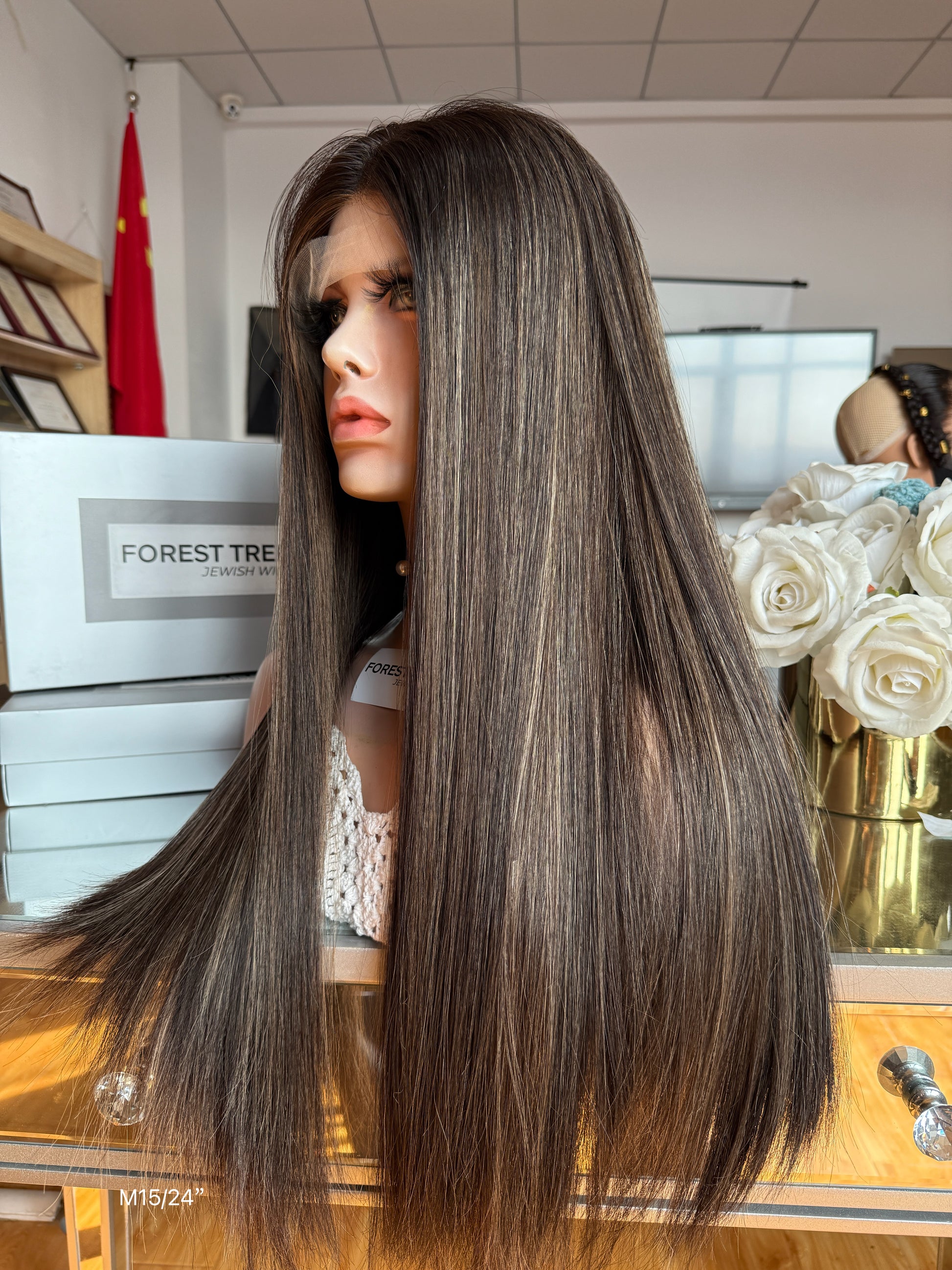 6x3.5 HD Lace Top Dark Ash Brown Subtle-Highlighted Middle-Part Straight Human Hair Sheitel Wig — product view 5