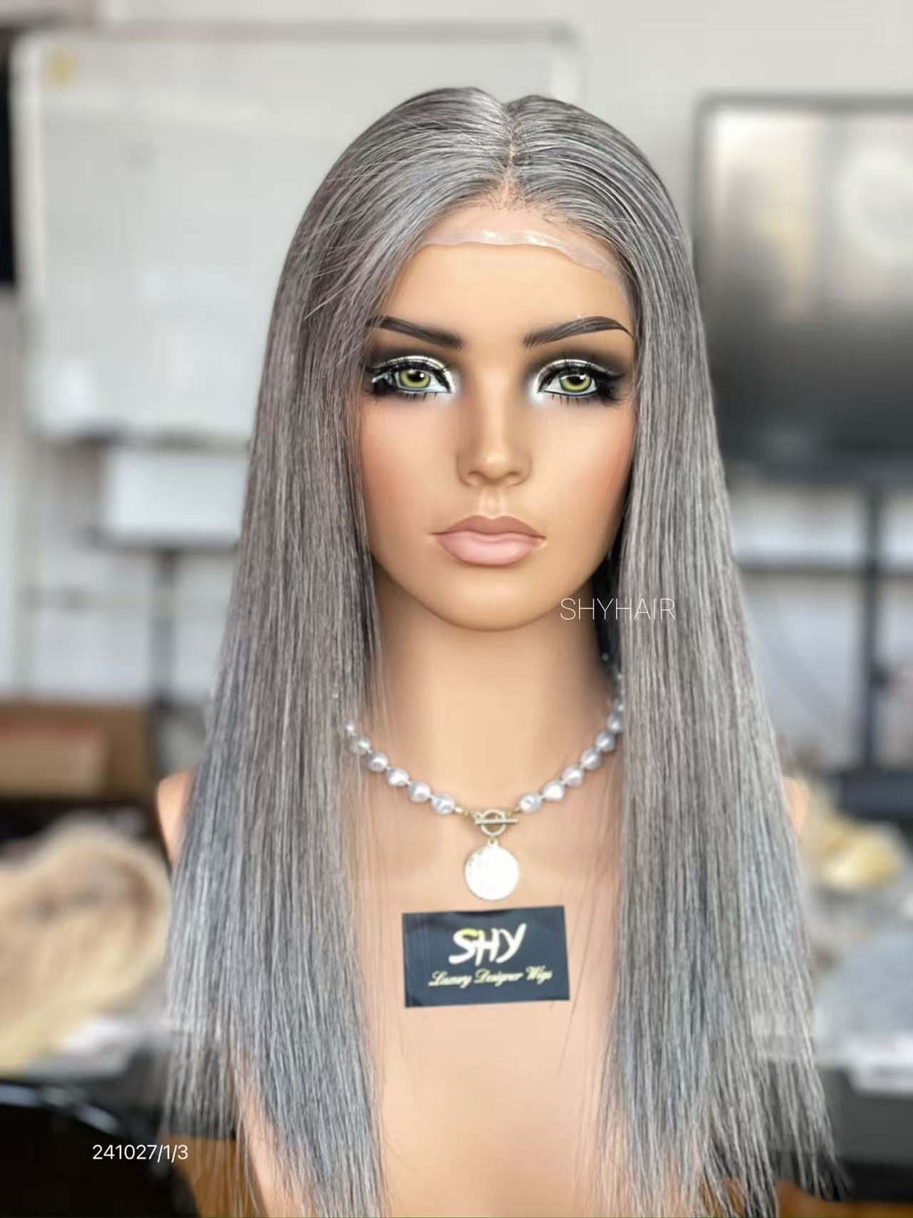 Silver Gray Middle-Part Long Straight Human Hair PU Patchwork Full Lace Medical Wig front view