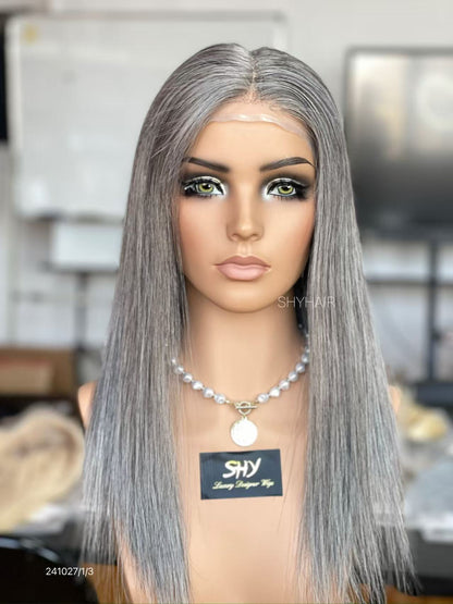 Silver Gray Middle-Part Long Straight Human Hair PU Patchwork Full Lace Medical Wig front view