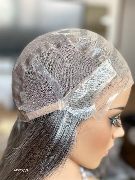 Silver Gray Middle-Part Long Straight Human Hair PU Patchwork Full Lace Medical Wig view 2 — alternate view