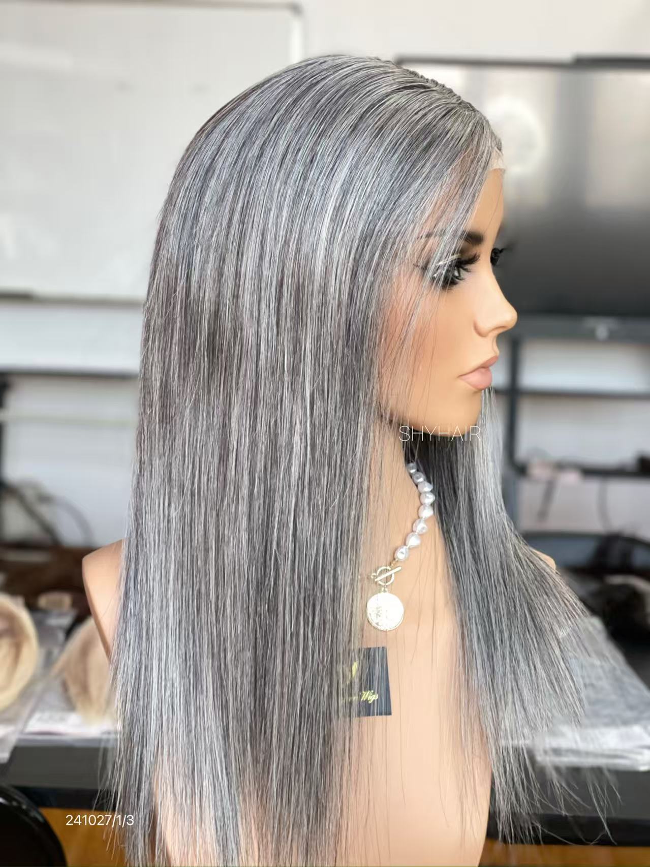 Silver Gray Middle-Part Long Straight Human Hair PU Patchwork Full Lace Medical Wig view 3
