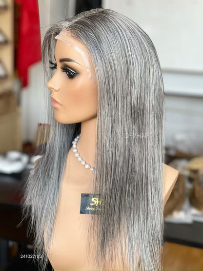 Silver Gray Middle-Part Long Straight Human Hair PU Patchwork Full Lace Medical Wig view 4