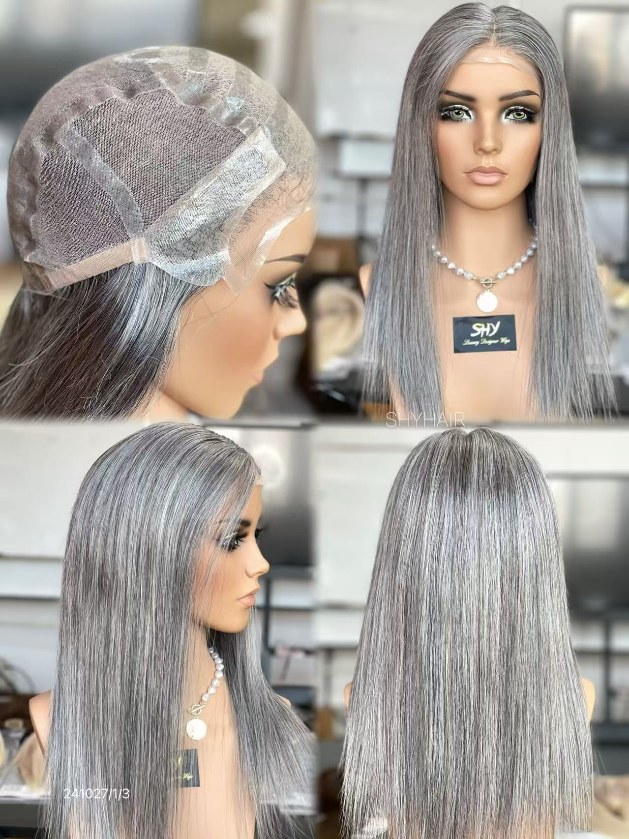 Silver Gray Middle-Part Long Straight Human Hair PU Patchwork Full Lace Medical Wig view 5
