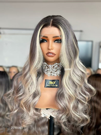 13x4 silver ash blonde rooted body wave human hair transparent lace front wig front view
