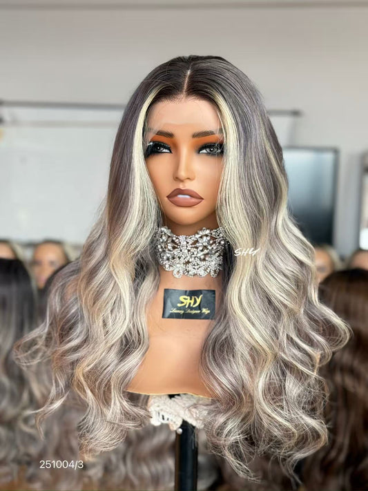 13x4 silver ash blonde rooted body wave human hair transparent lace front wig front view
