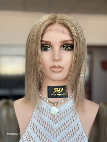 Ash Beige Blonde Highlighted Straight Human Hair PU Patchwork Full Lace Medical Bob Wig front view