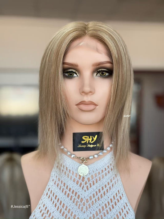 Ash Beige Blonde Highlighted Straight Human Hair PU Patchwork Full Lace Medical Bob Wig front view