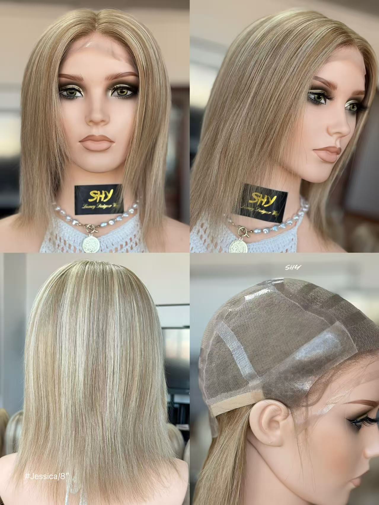 Ash Beige Blonde Highlighted Straight Human Hair PU Patchwork Full Lace Medical Bob Wig view 10