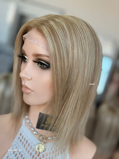 Ash Beige Blonde Highlighted Straight Human Hair PU Patchwork Full Lace Medical Bob Wig view 3