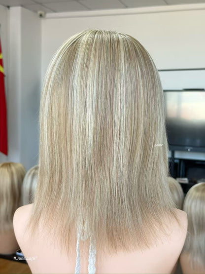 Ash Beige Blonde Highlighted Straight Human Hair PU Patchwork Full Lace Medical Bob Wig view 4