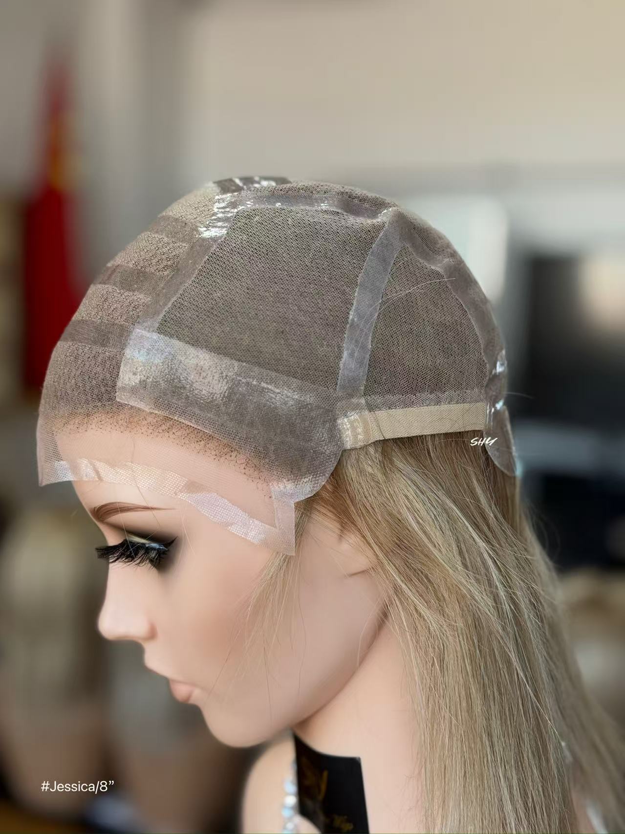 Ash Beige Blonde Highlighted Straight Human Hair PU Patchwork Full Lace Medical Bob Wig view 5