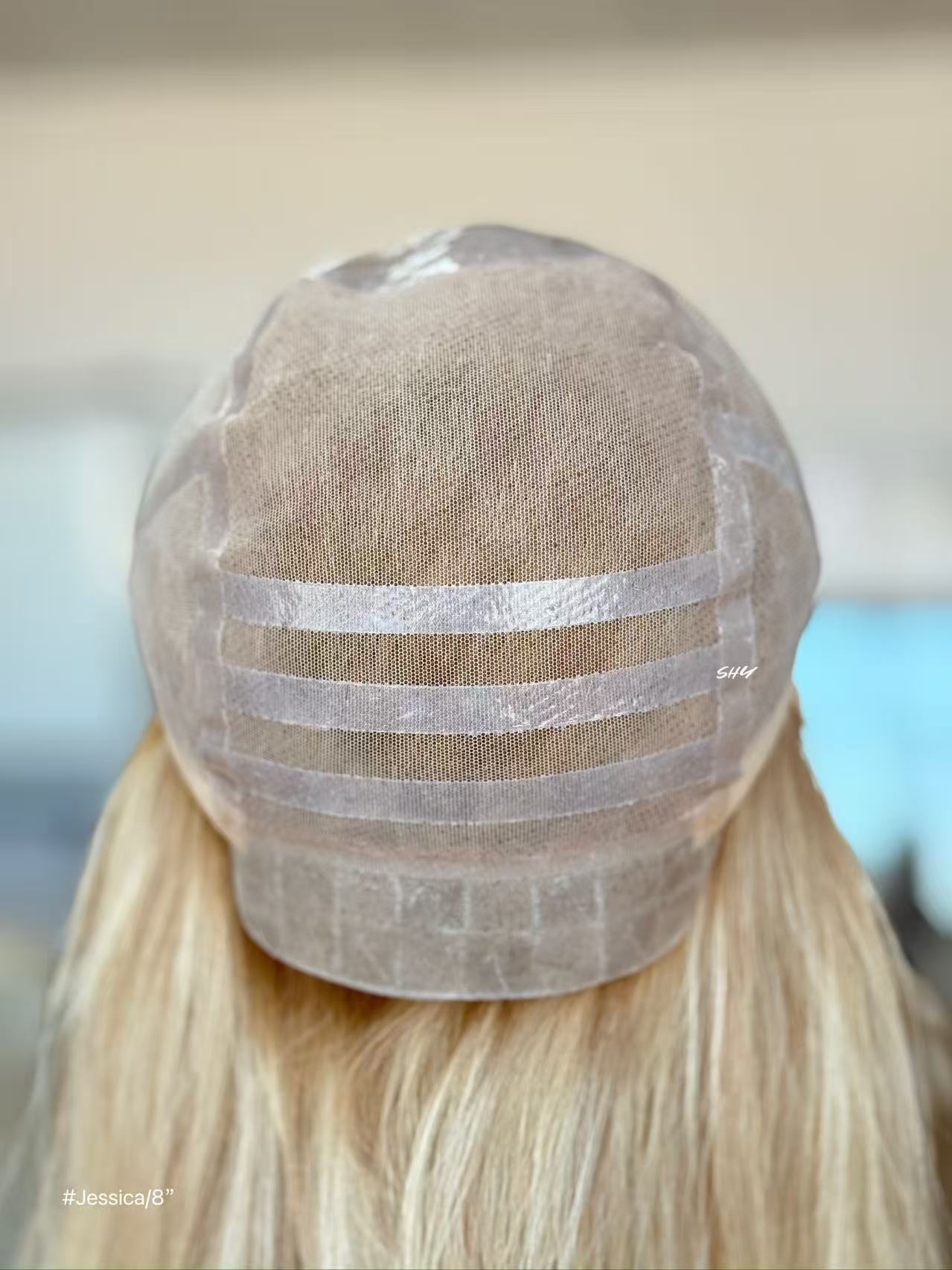Ash Beige Blonde Highlighted Straight Human Hair PU Patchwork Full Lace Medical Bob Wig view 6