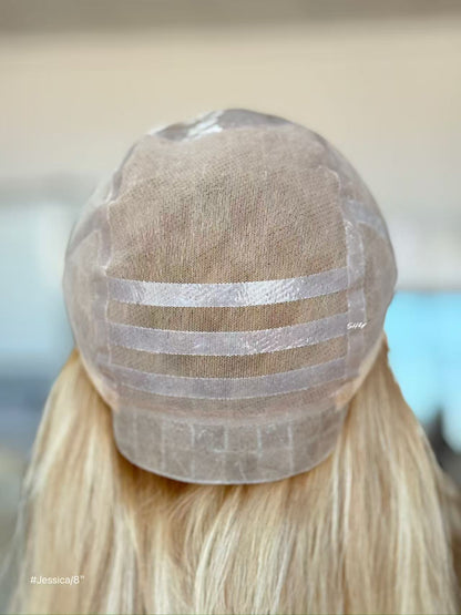 Ash Beige Blonde Highlighted Straight Human Hair PU Patchwork Full Lace Medical Bob Wig view 6