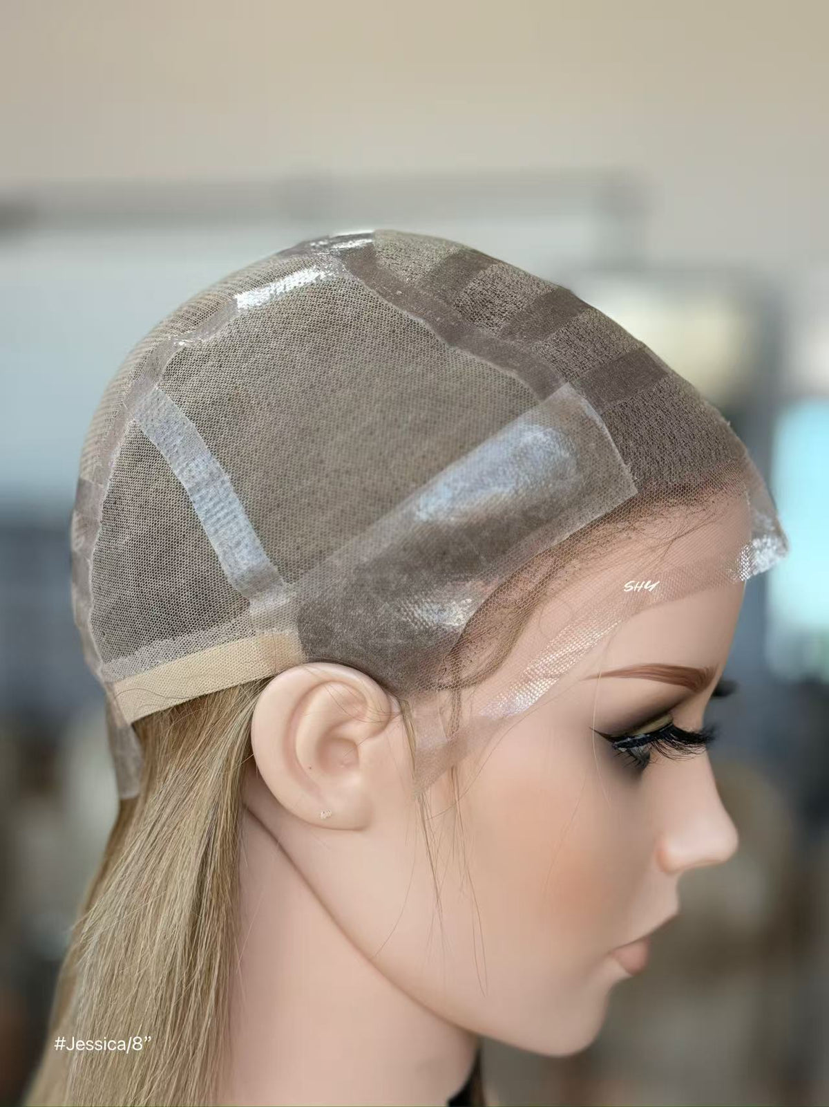 Ash Beige Blonde Highlighted Straight Human Hair PU Patchwork Full Lace Medical Bob Wig view 7