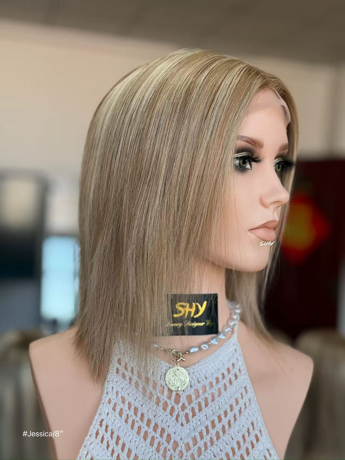 Ash Beige Blonde Highlighted Straight Human Hair PU Patchwork Full Lace Medical Bob Wig view 8