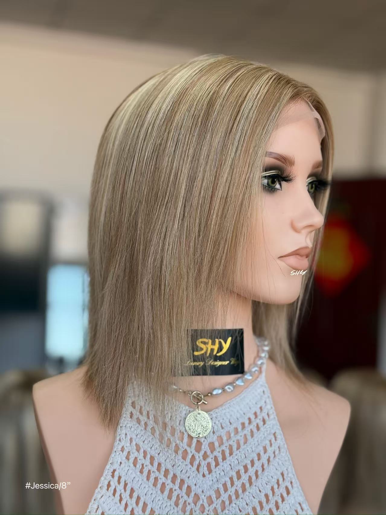 Ash Beige Blonde Highlighted Straight Human Hair PU Patchwork Full Lace Medical Bob Wig view 8