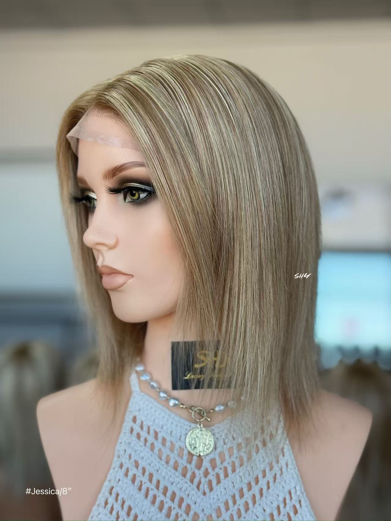 Ash Beige Blonde Highlighted Straight Human Hair PU Patchwork Full Lace Medical Bob Wig view 9