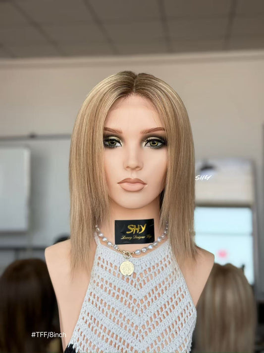 Mushroom Taupe Blonde Highlighted Straight Human Hair PU Patchwork Full Lace Medical Bob Wig front view
