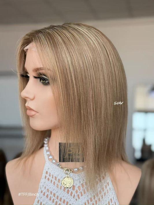 Mushroom Taupe Blonde Highlighted Straight Human Hair PU Patchwork Full Lace Medical Bob Wig view 2 — alternate view