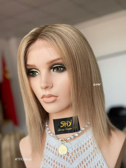 Mushroom Taupe Blonde Highlighted Straight Human Hair PU Patchwork Full Lace Medical Bob Wig view 4