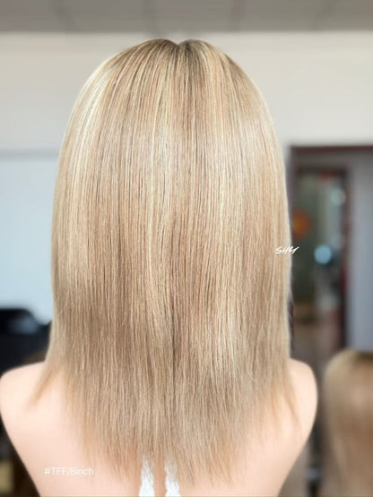 Mushroom Taupe Blonde Highlighted Straight Human Hair PU Patchwork Full Lace Medical Bob Wig view 7