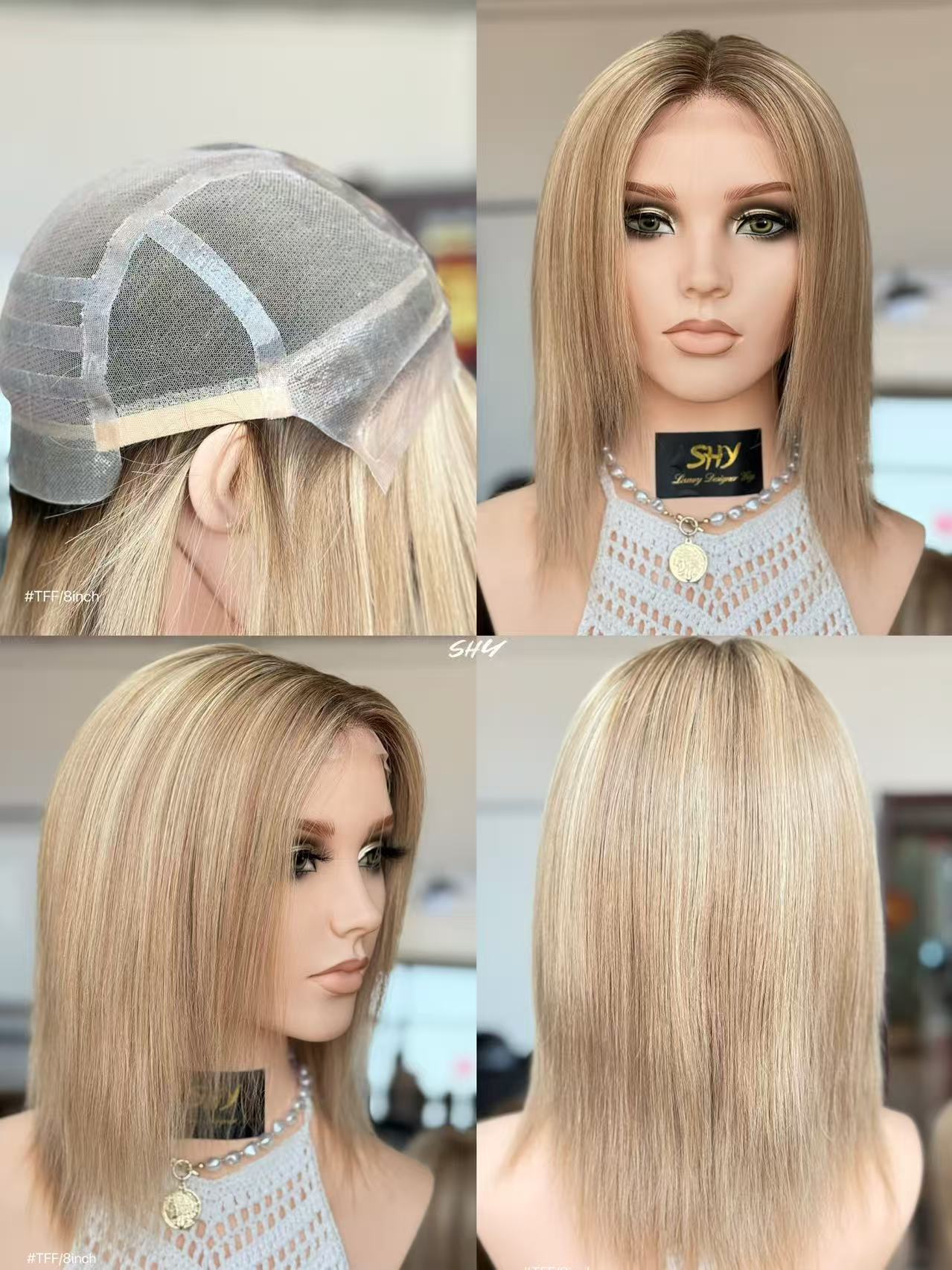 Mushroom Taupe Blonde Highlighted Straight Human Hair PU Patchwork Full Lace Medical Bob Wig view 8