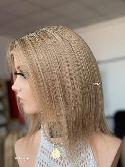 Mushroom Taupe Blonde Highlighted Straight Human Hair PU Patchwork Full Lace Medical Bob Wig view 9