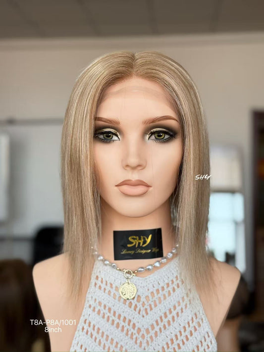 Champagne Beige Blonde Highlighted Straight Human Hair PU Patchwork Full Lace Medical Bob Wig front view