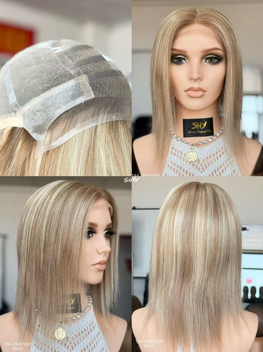 Champagne Beige Blonde Highlighted Straight Human Hair PU Patchwork Full Lace Medical Bob Wig view 2 — alternate view
