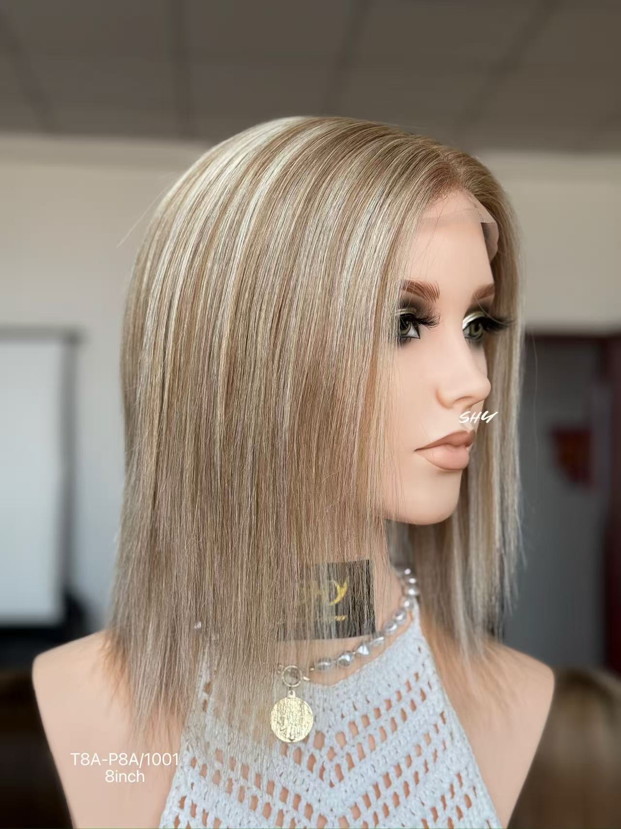 Champagne Beige Blonde Highlighted Straight Human Hair PU Patchwork Full Lace Medical Bob Wig view 3