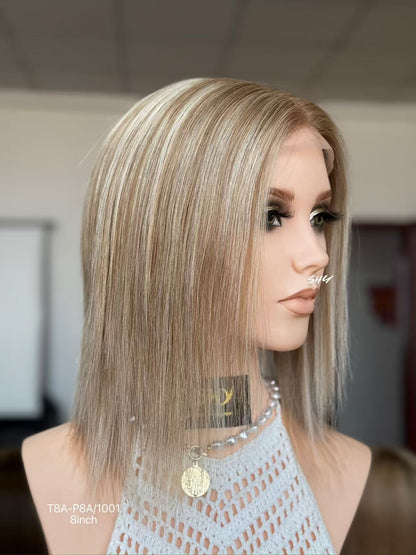 Champagne Beige Blonde Highlighted Straight Human Hair PU Patchwork Full Lace Medical Bob Wig view 3