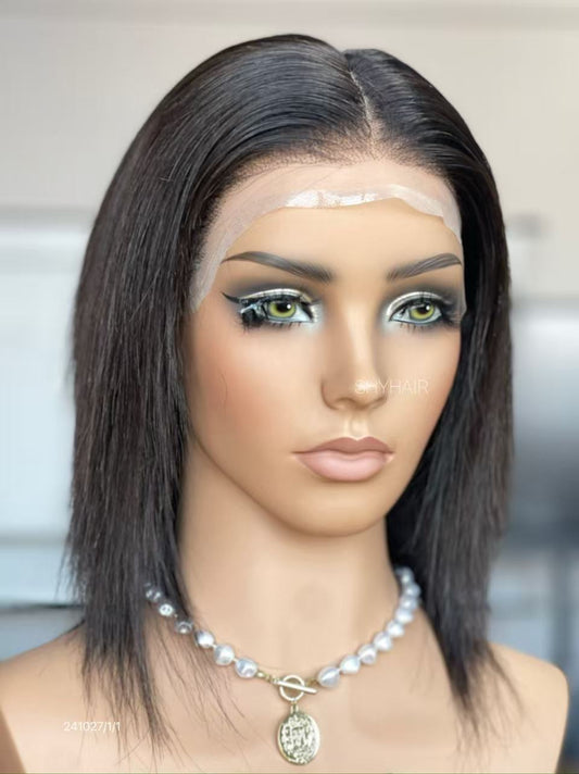 Natural Black Middle-Part Straight Human Hair PU Patchwork Full Lace Medical Bob Wig front view