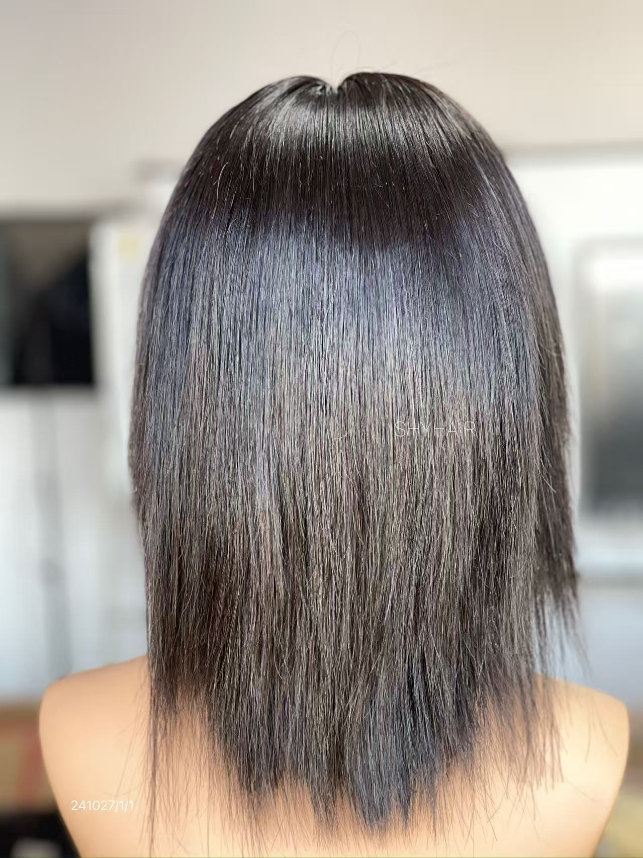 Natural Black Middle-Part Straight Human Hair PU Patchwork Full Lace Medical Bob Wig view 3