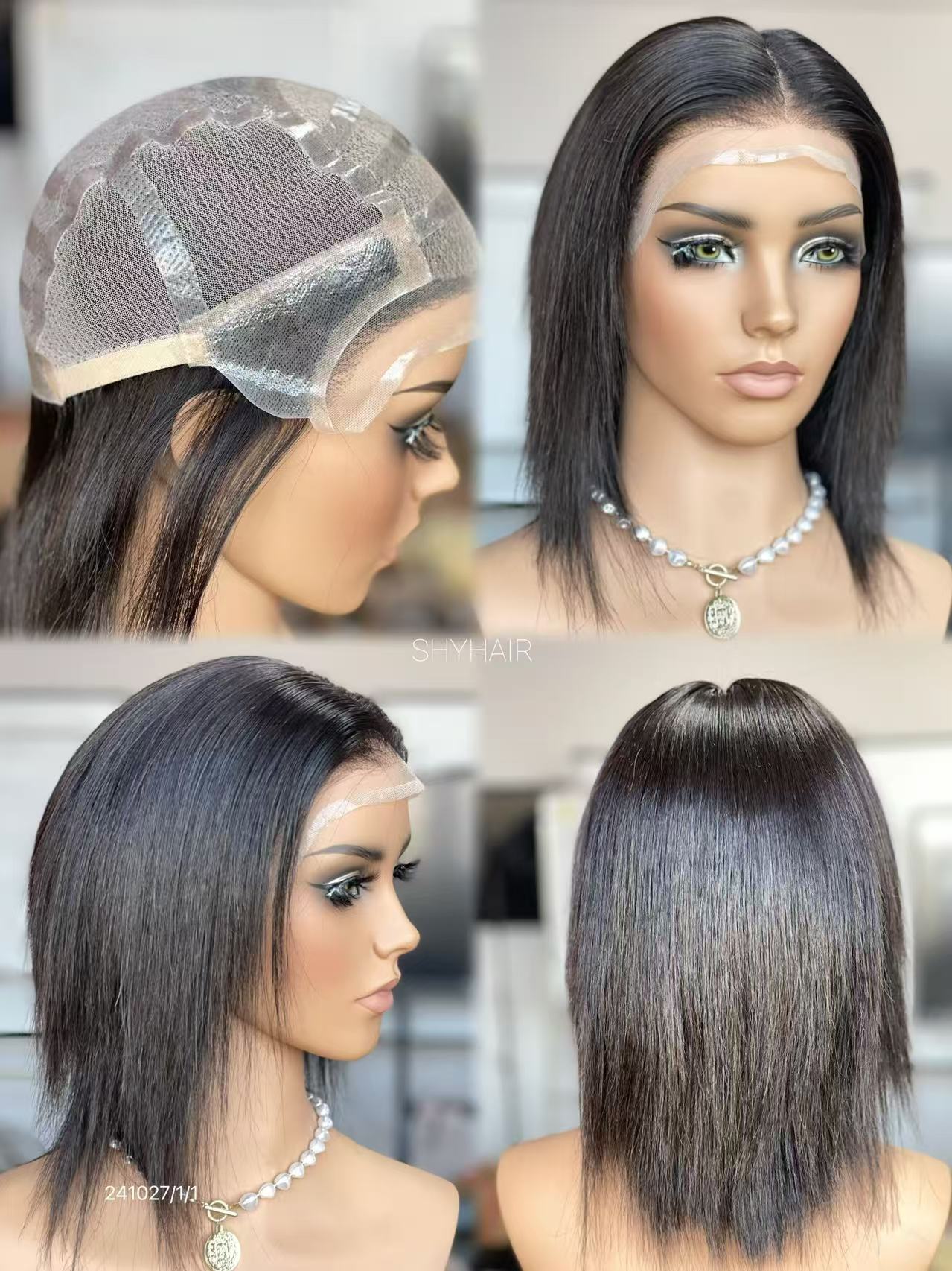 Natural Black Middle-Part Straight Human Hair PU Patchwork Full Lace Medical Bob Wig view 4