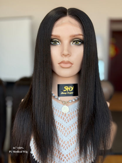 Natural Black Middle-Part Long Straight Human Hair PU Patchwork Full Lace Medical Wig front view