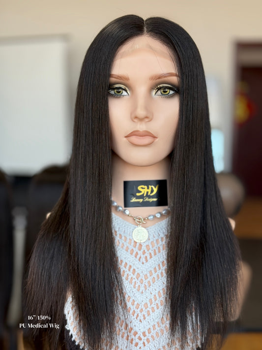 Natural Black Middle-Part Long Straight Human Hair PU Patchwork Full Lace Medical Wig front view