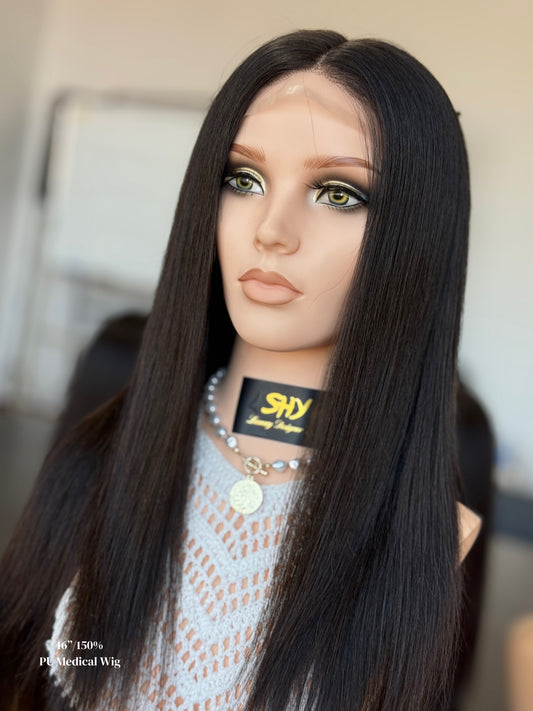Natural Black Middle-Part Long Straight Human Hair PU Patchwork Full Lace Medical Wig view 2 — alternate view