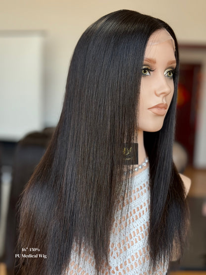 Natural Black Middle-Part Long Straight Human Hair PU Patchwork Full Lace Medical Wig view 3