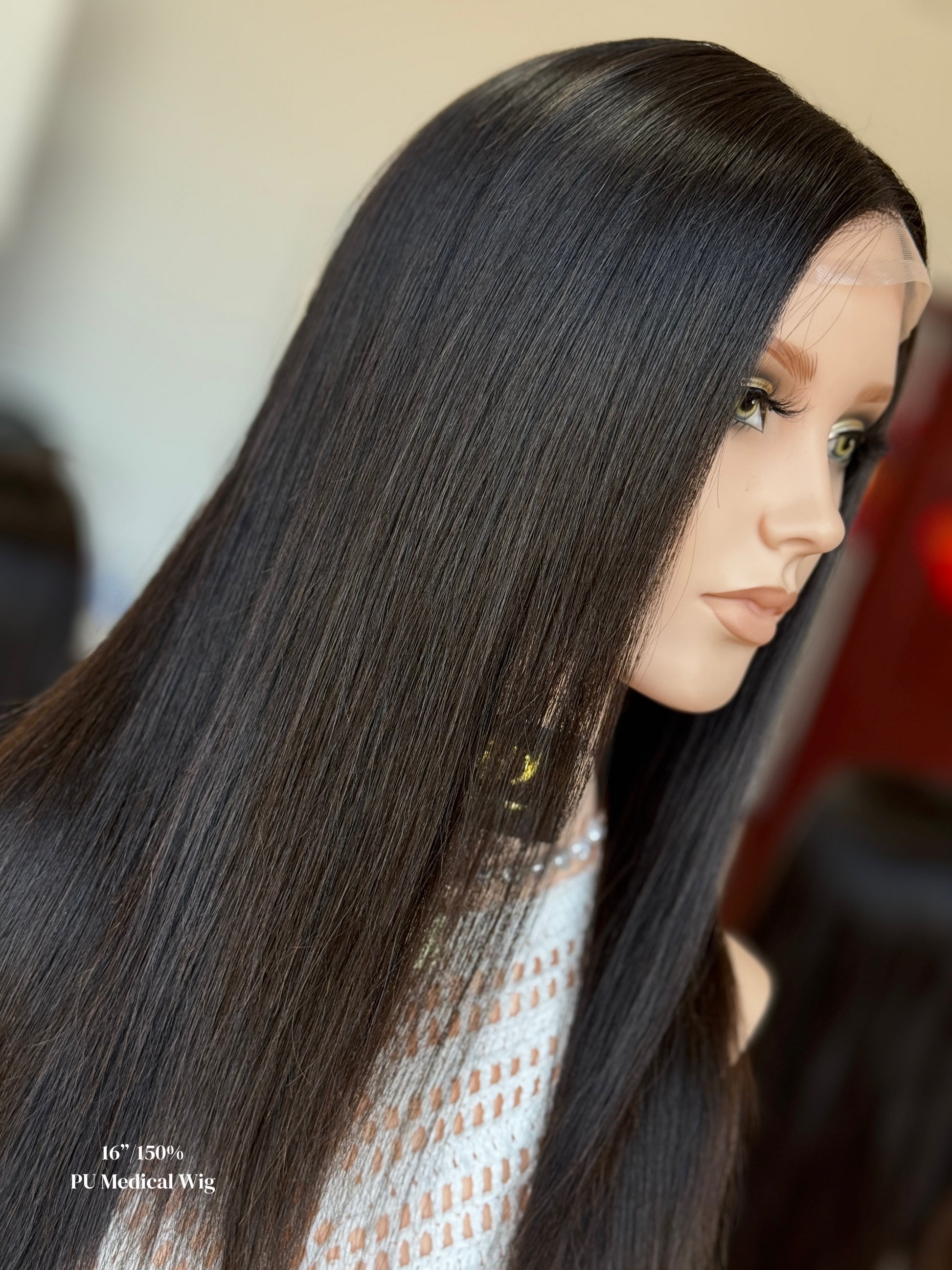 Natural Black Middle-Part Long Straight Human Hair PU Patchwork Full Lace Medical Wig view 4