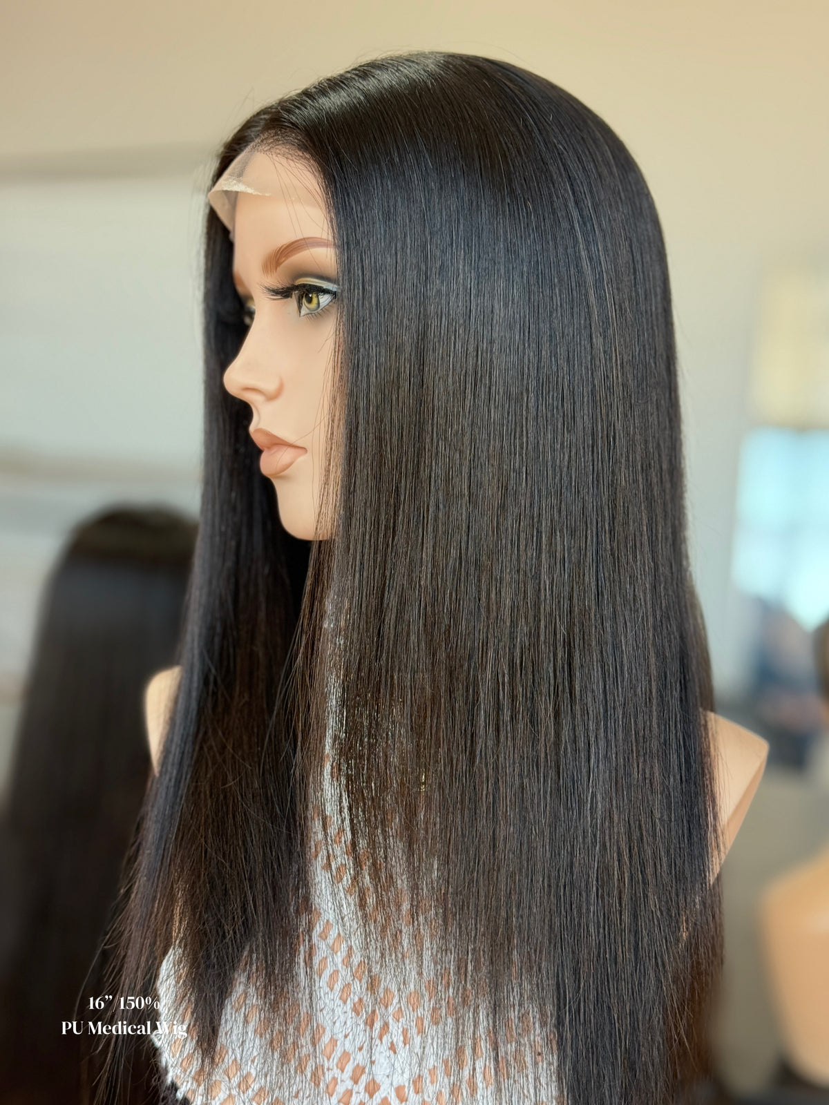 Natural Black Middle-Part Long Straight Human Hair PU Patchwork Full Lace Medical Wig view 5