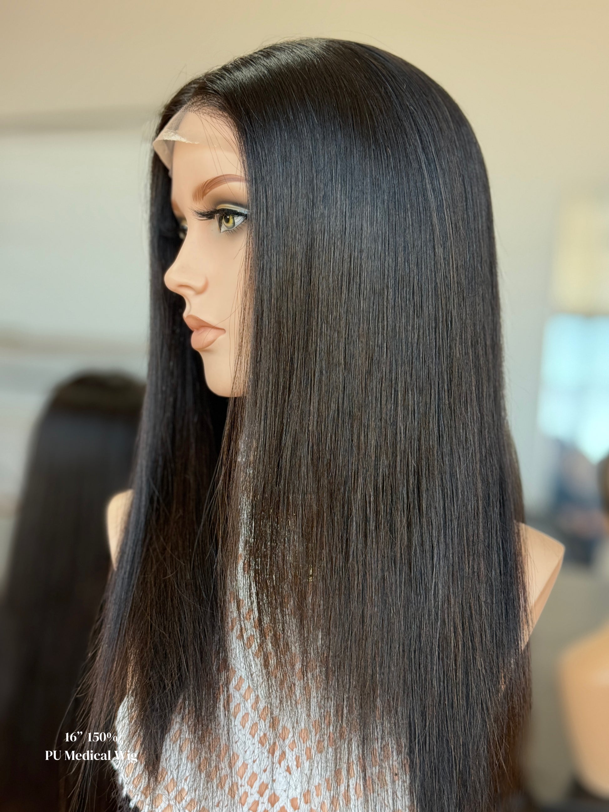 Natural Black Middle-Part Long Straight Human Hair PU Patchwork Full Lace Medical Wig view 5