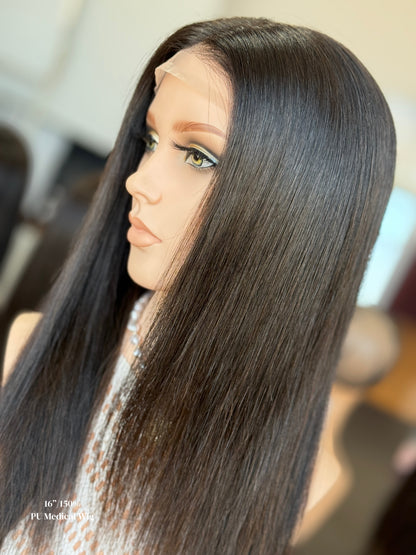 Natural Black Middle-Part Long Straight Human Hair PU Patchwork Full Lace Medical Wig view 6