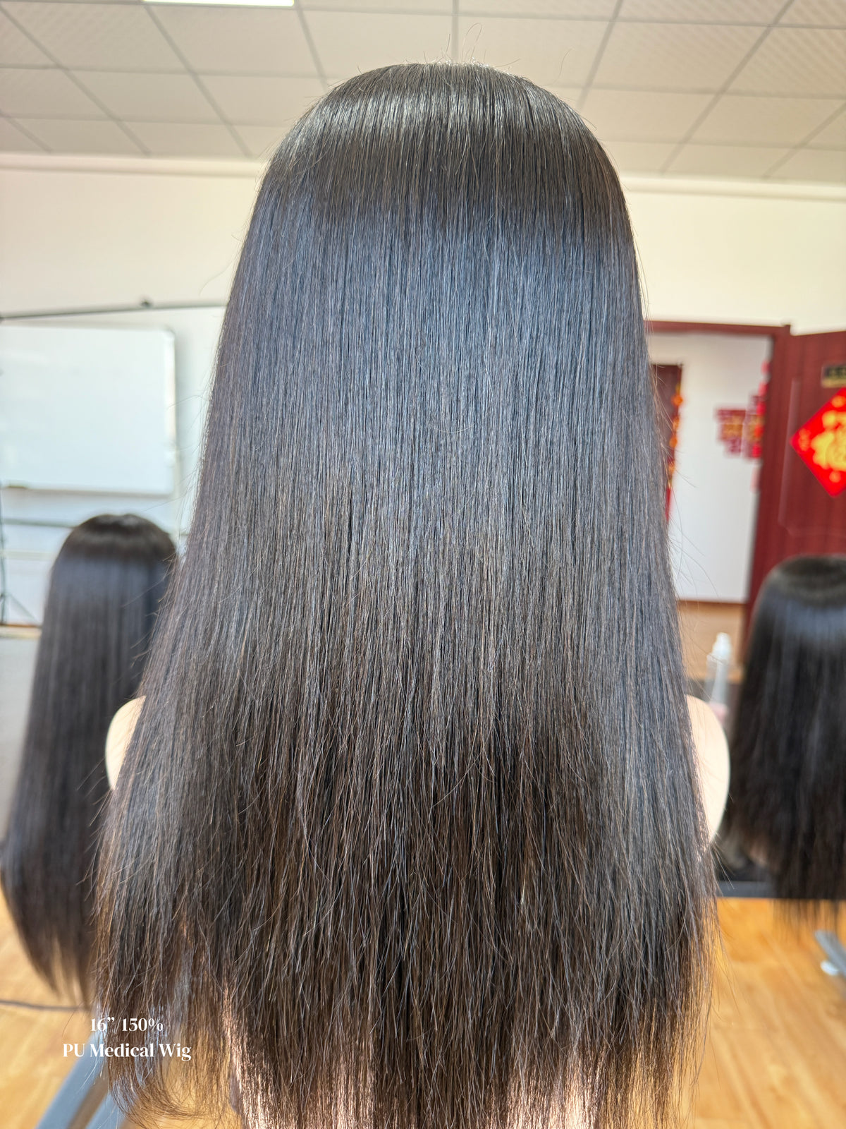 Natural Black Middle-Part Long Straight Human Hair PU Patchwork Full Lace Medical Wig view 7