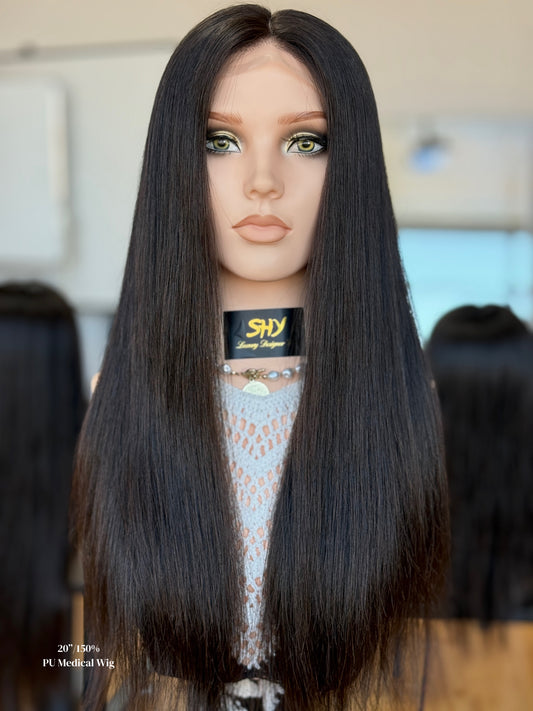 Natural Black Middle-Part Long Straight Human Hair PU Patchwork Full Lace Medical Wig front view
