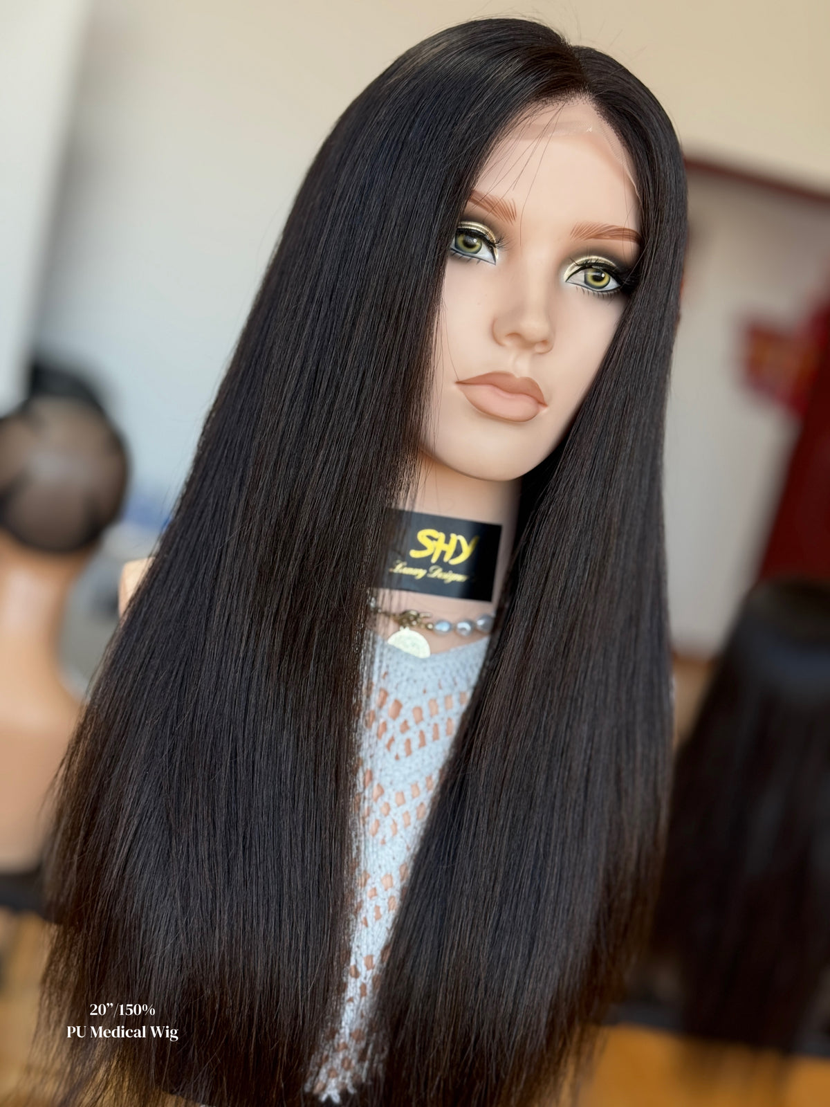 Natural Black Middle-Part Long Straight Human Hair PU Patchwork Full Lace Medical Wig view 2