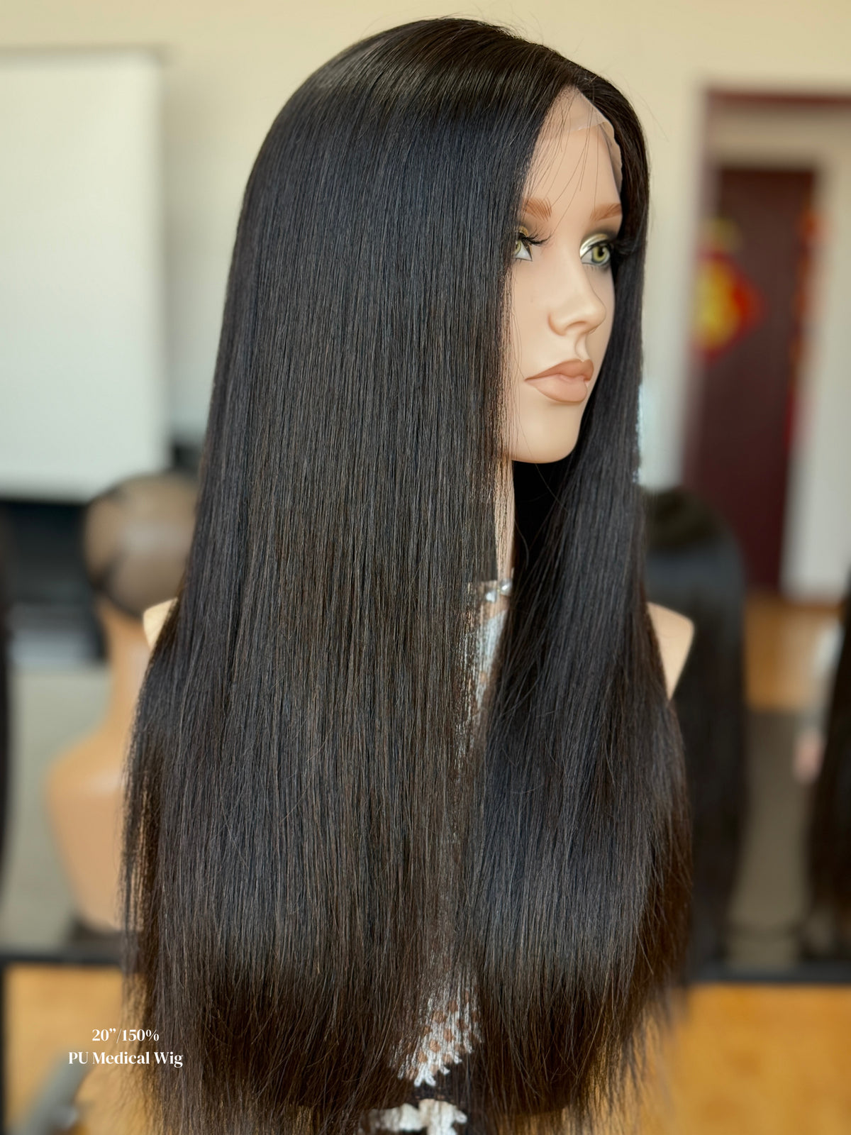 Natural Black Middle-Part Long Straight Human Hair PU Patchwork Full Lace Medical Wig view 3