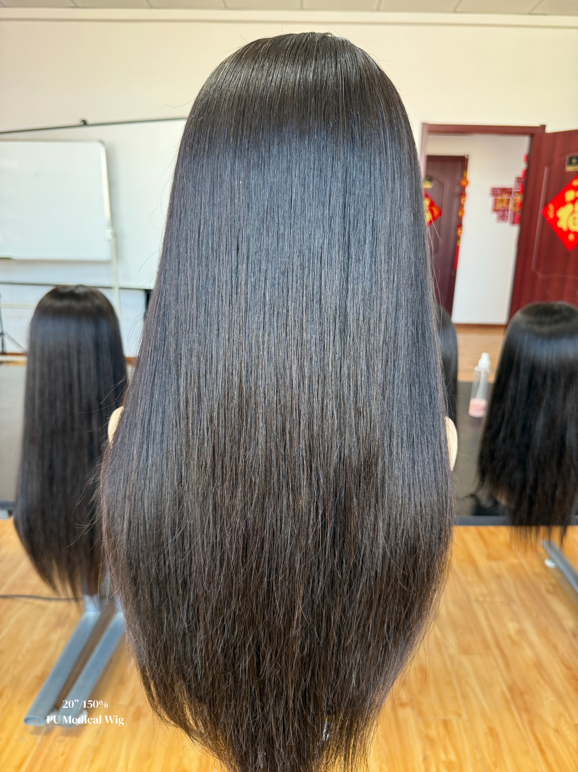 Natural Black Middle-Part Long Straight Human Hair PU Patchwork Full Lace Medical Wig view 7